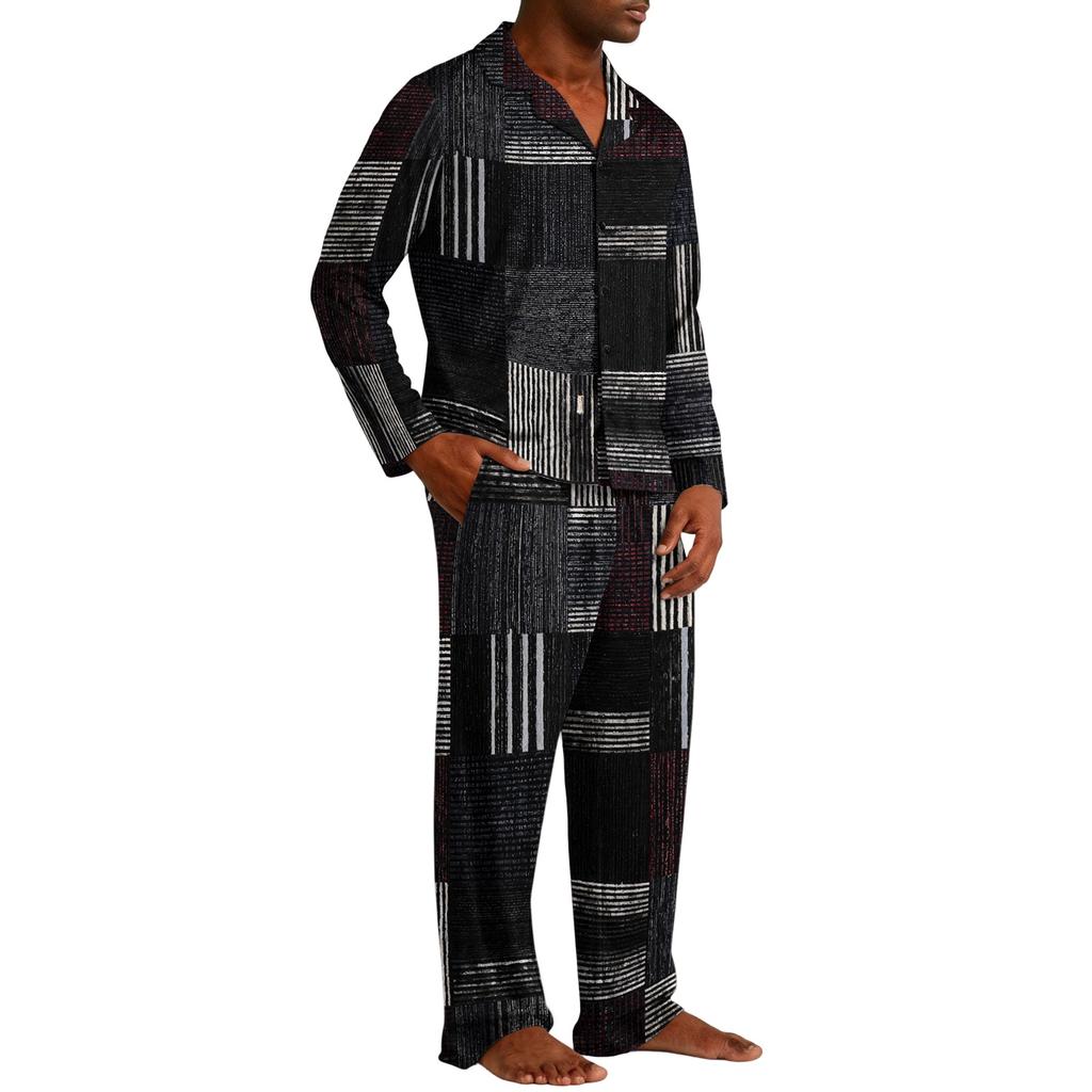 Men's Loose Fit Casual Pajama Set, Button Down Plaid Print Top and Straight Leg Pants, Two Piece Sleepwear