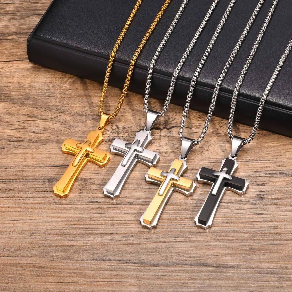 3D Cross Pendant Necklaces for Men Boys,Black Gold Color Stainless Steel Cross Necklace,Hiphop Punk Party Gift