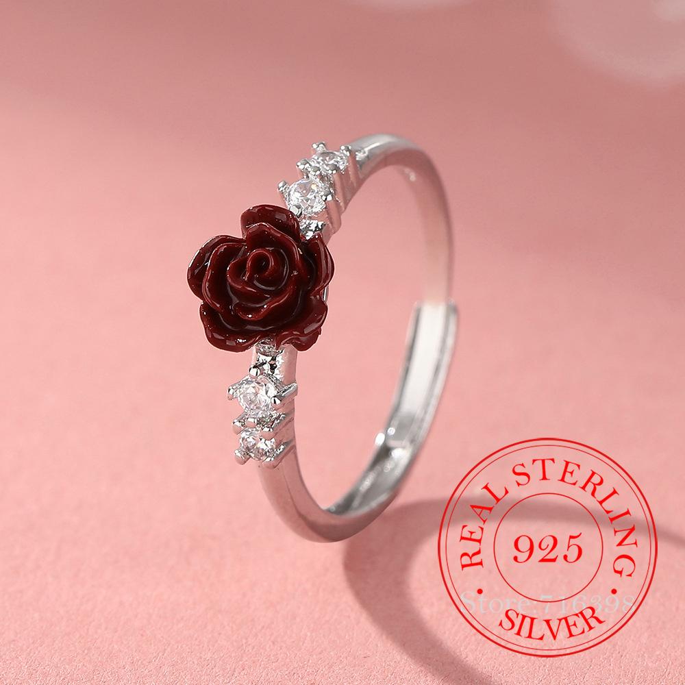 Korean 925 Sterling Silver Vintage Cinnabar Crystal Rose Flower Finger Rings For Women Money 925 Wedding Party Jewelry Gift