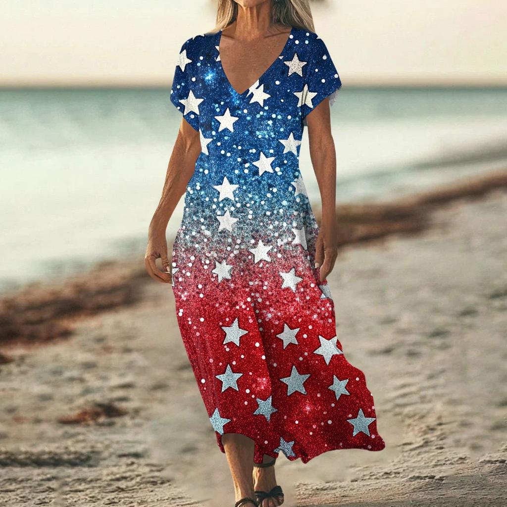 Sommerkleid Damen Lang Strandkleid Elegantes Kleid V-Ausschnitt Kurzarm Sommerkleid Leicht Luftig