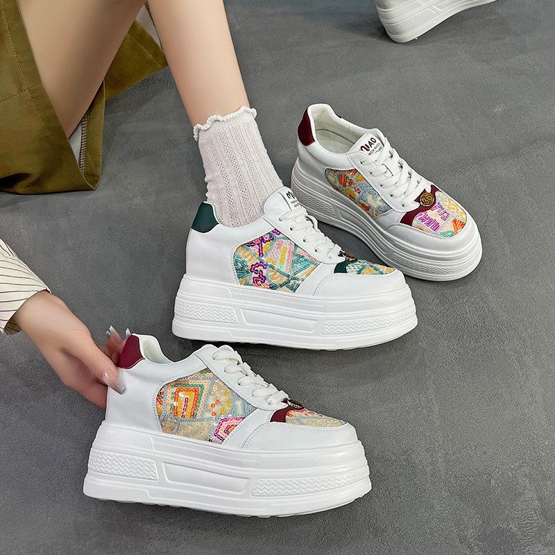 Board shoes women's 2026 spring new 9cm sponge sole breathable board shoes Korean version genuine leather mesh women's shoes