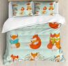 Cartoon Fox Duvet Cover King Size,Baby Fox Sleeping In A Floral Circle Image Print Bedding Set Kids Animal Quilt Cover