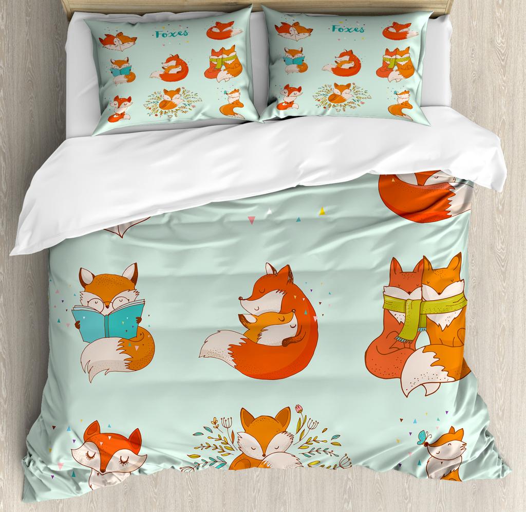 Cartoon Fox Duvet Cover King Size,Baby Fox Sleeping In A Floral Circle Image Print Bedding Set Kids Animal Quilt Cover