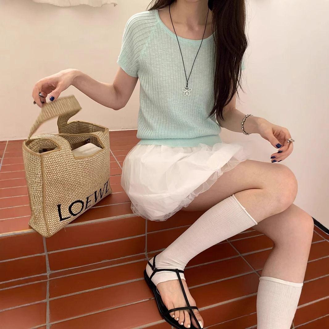 

Mint Green Knit Square-Neck Short Sleeve Women s T-Shirt - 2025 Summer Style Large