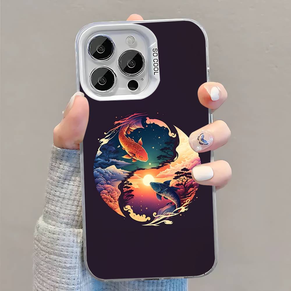 Koi Carp Fish Yin Yang Art Phone Case For iPhone 16,15,14,13,12,11,Pro,XS,Max,Plus,Mini,SE White Candy Matte Shockproof Cover