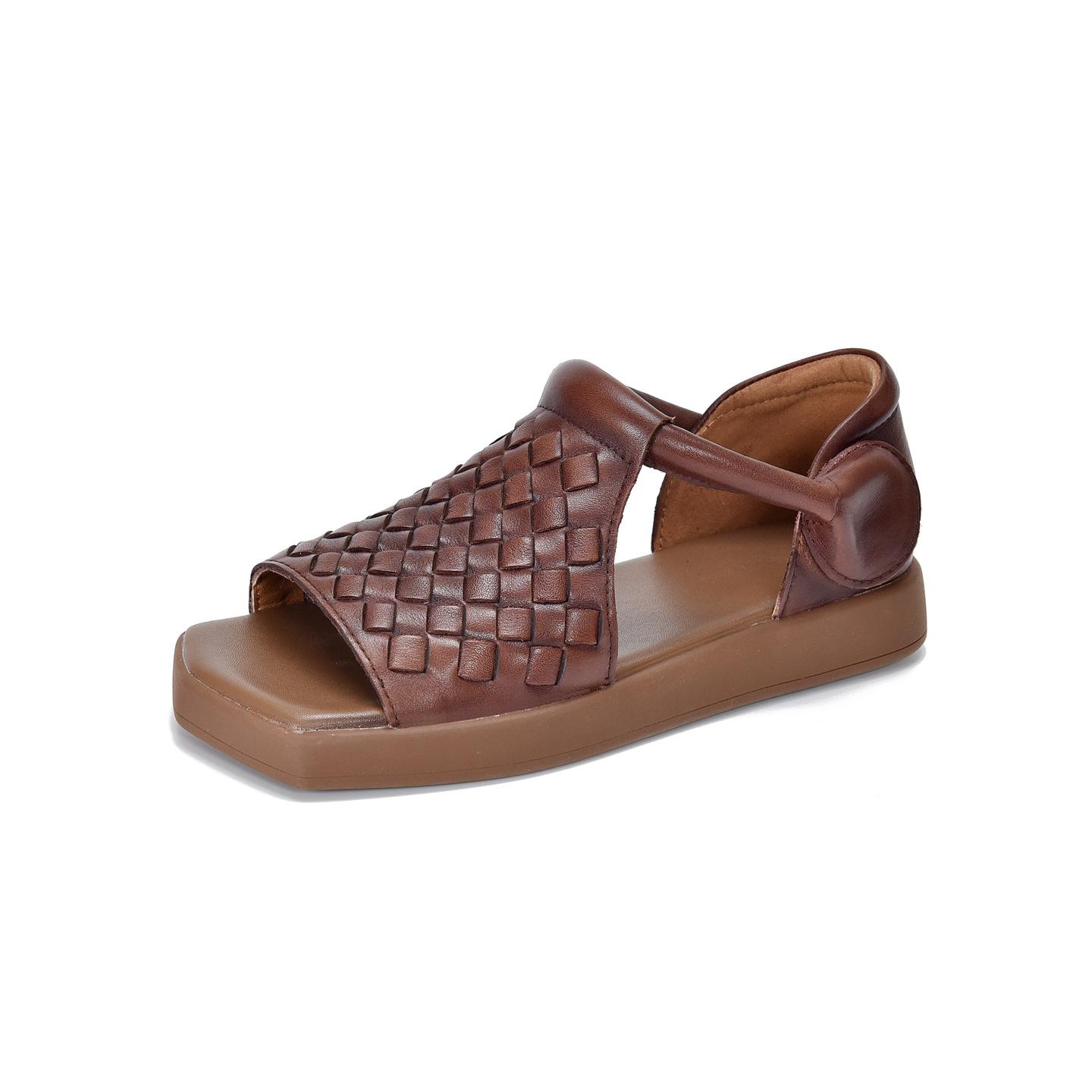 

Johnature Genuine Leather Woven Peep Toed Flat Sandals Casual Soft Soled Comfortable Women s Shoes 35 коричневый