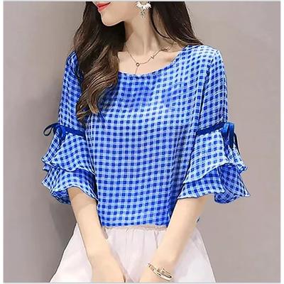 Damen Sommer Kurzarm Tops Lose Vintage Französisch Plaid Kurzarm