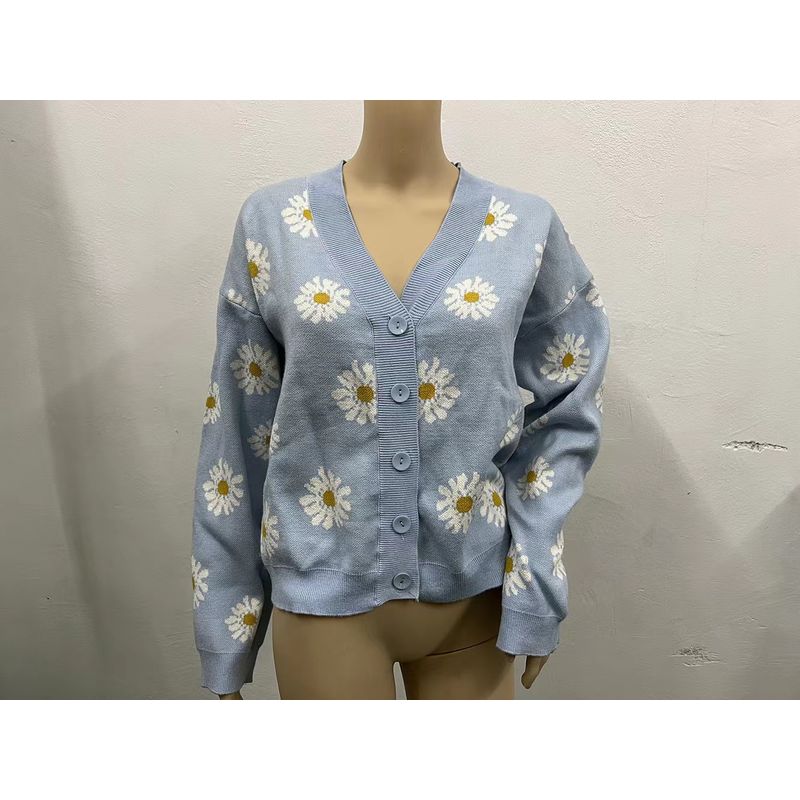 

New Arrival Fresh Little Daisy Cardigan V Neck Knitting Sweater V-Neck Knitted Cardigan Sweater Light Blue All yards