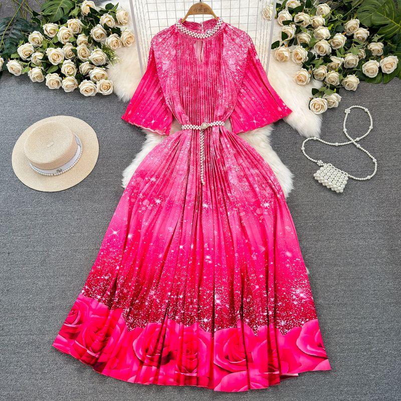 

Accessible Luxury Fashion Bead Gradient Color Dress Short Sleeve Rose Red All yards