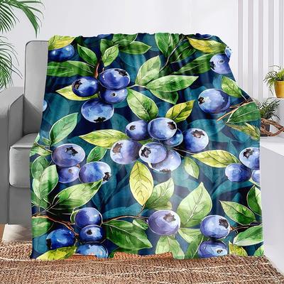 1pc Blueberry Print Flannel Throw Blanket - Soft, Cozy & Tear-Resistant, Dark Teal Background with Realistic Blueberry Design, P