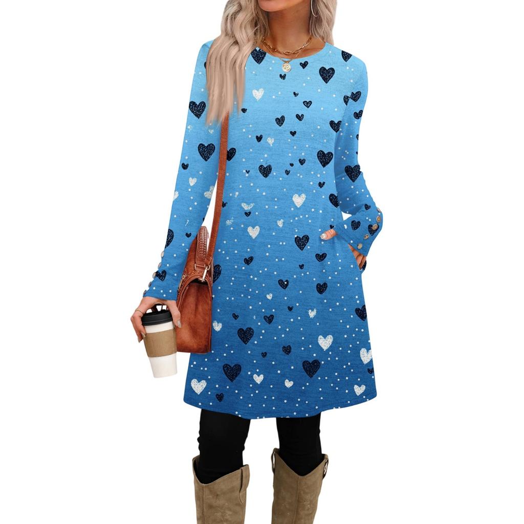 Damenmode lässiges Kleid mit Tasche, dekorativen Knöpfen, Rundhalsausschnitt, langen Ärmeln und Print