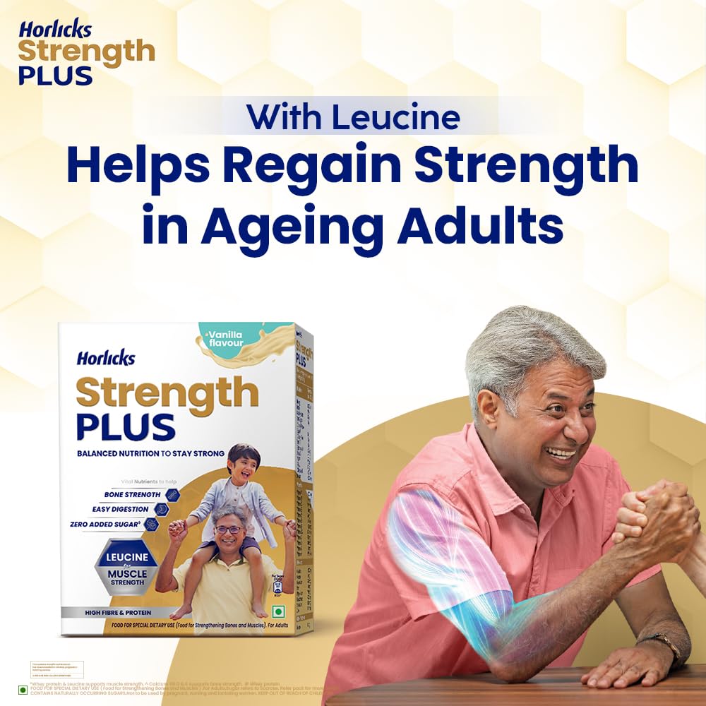 Horlicks Strength Plus Vanilla Powder 350g High Protein High Fibre Balanced Nutrition for Adults