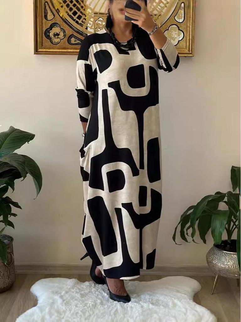 Women's 2025 Autumn/Winter Plus Size Loose Round Neck Long Sleeve Print Dress