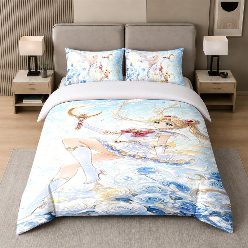 3-teiliges Bettwäsche-Set, Sailor Moon 1 Bettbezug und 2 Kissenbezüge, Bedruckte Bettwäsche-Dekoration für Gästezimmer