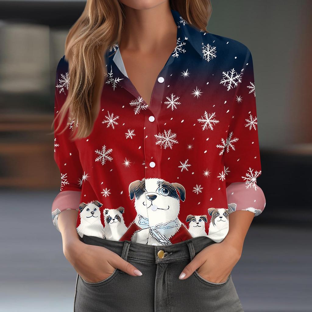 Women's Christmas Print Long Sleeve Casual Button Down Shirt Top