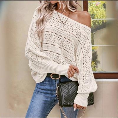 Women S Loose Long Sleeve One Shoulder Neck Hollow Knit Beige Sweater