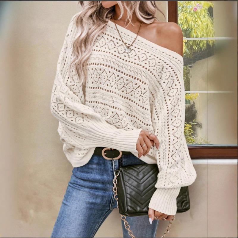 Women S Loose Long Sleeve One Shoulder Neck Hollow Knit Beige Sweater S
