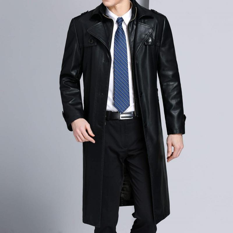Chaqueta de Cuero para Hombre en Otoño e Invierno Nuevo Estilo Chaqueta de Cuero de Oveja para Padre de Mediana Edad Chaqueta Cortavientos Larga de Cuero con Cuello de Traje para Hombre