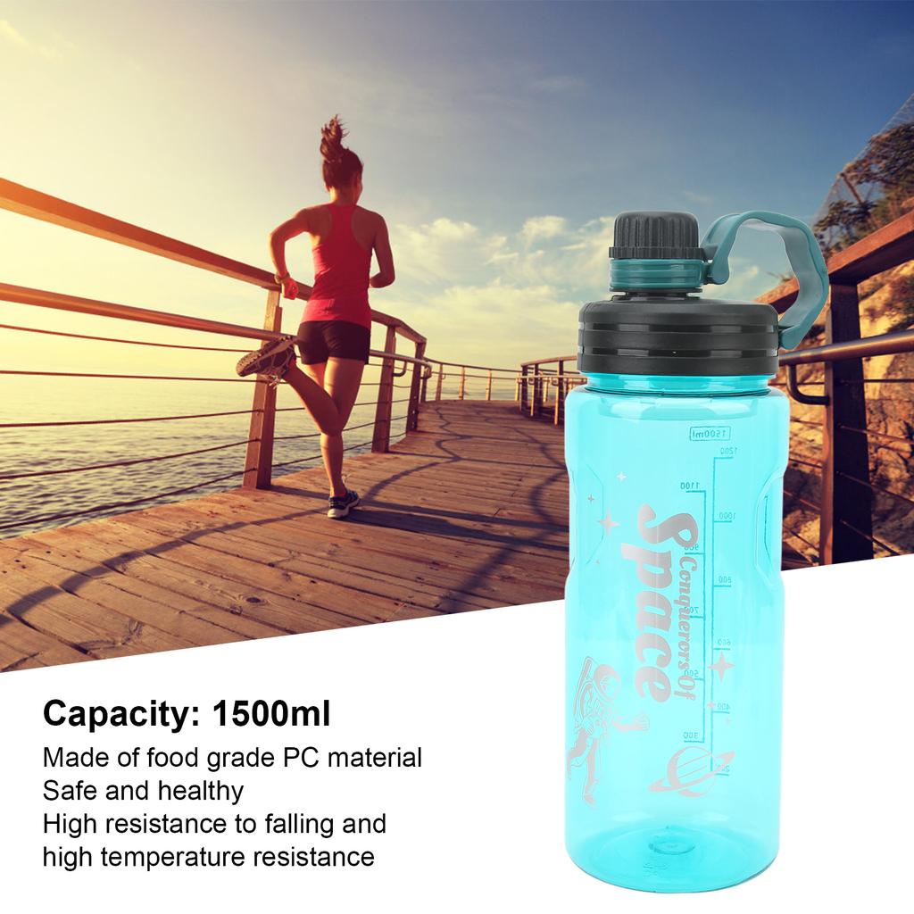 1500ml Sports Water Bottle Food Grade PC with Drinking Water Scale Fitness Jug for Gym Cycling Running