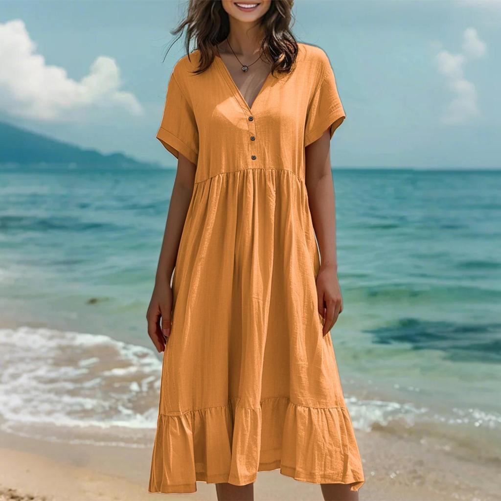 Women's Fashion Solid Color Short Sleeve Cotton Linen Patchwork Pleat Dress