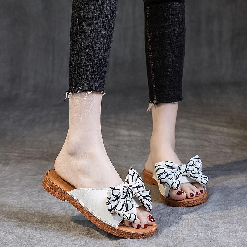 Cowhide 2025 New Summer Daily Leisure Height Increase One-character Bow Cover Foot Flat Heel Soft Sole Rubber Slippers Women