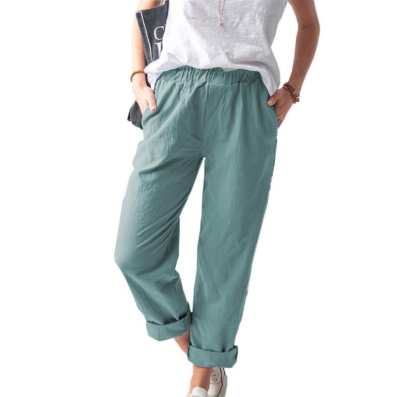 Summer Women Trousers Solid Color Casual Elastic High Waist Straight Pants Female