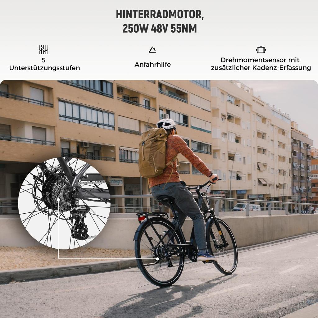 Elektrofahrrad DERUIZ Quartz 28'' 250W Motor City E-Bike - 48V 13,4Ah Akku Bis zu 161 km Reichweite, Hydraulische Bremsen, Drehmomentsensor, 8 Gänge, Zuladung 130 kg
