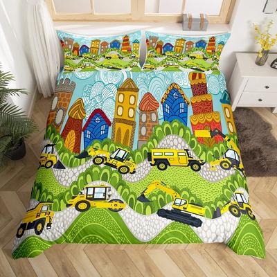 Kids Cartoon Car Duvet Cover Collection City Building Street Road Bedding Collection Microfiber Vehicle Truck Comforter Cover Twin Queen Size
