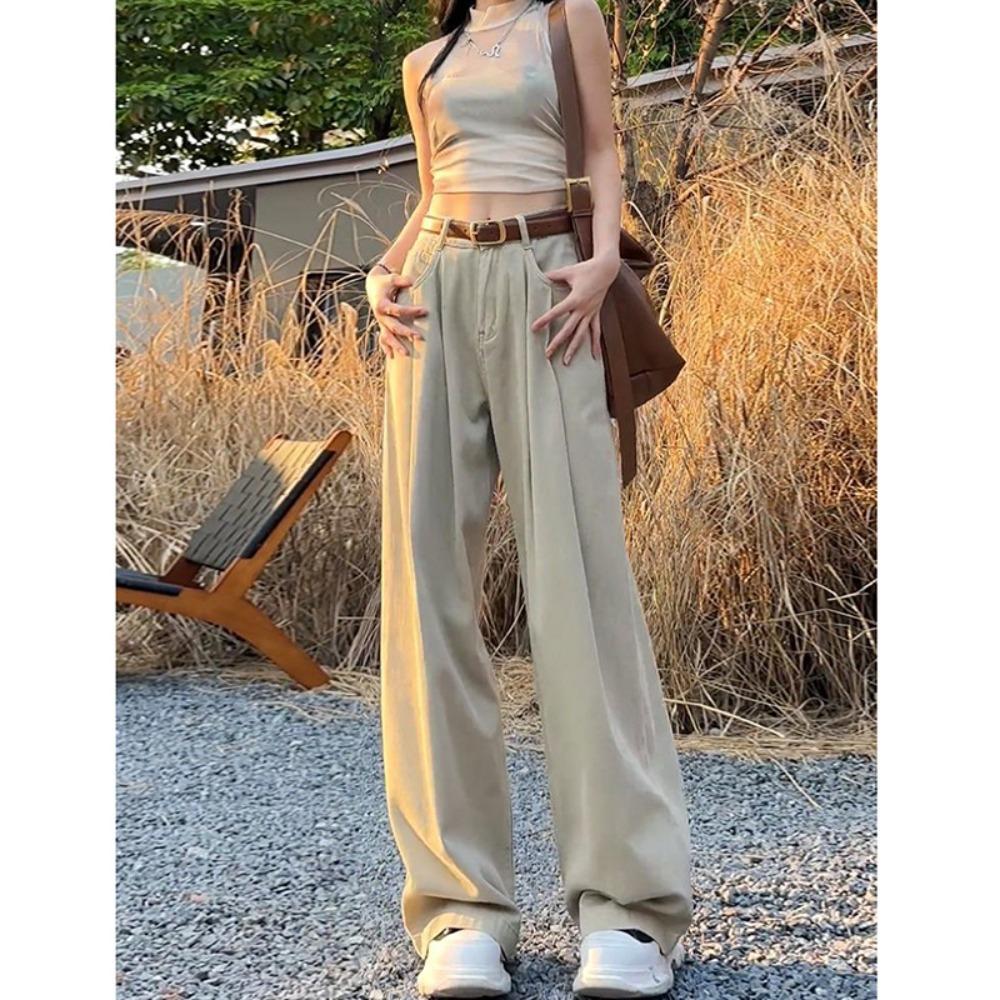 

Trendy personalized wide-leg jeans women s autumn new high-waisted loose and thin straight drape floor pants tide 2XL хаки
