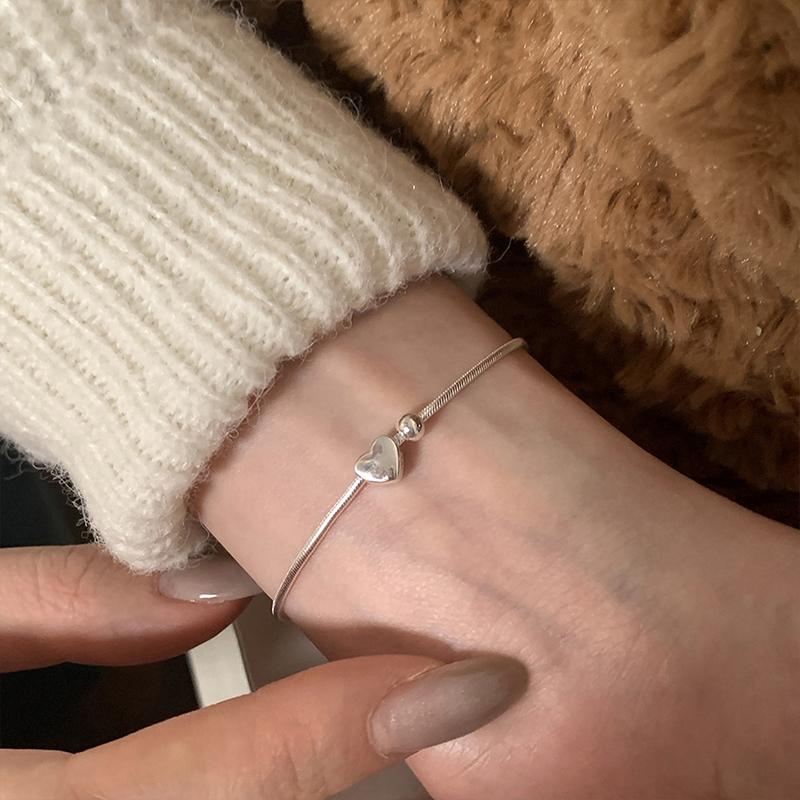925 Silver Round Bead Heart-Shaped Snake Bone Bracelet For Women's Fashion Korean Version New Bracelet Wedding Jewelry