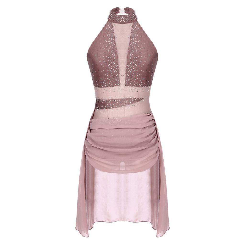 Womens Lyrical Dance Dress Sparkle Rhinestone Backless Sheer Mesh Patchwork Mock Neck Leotard