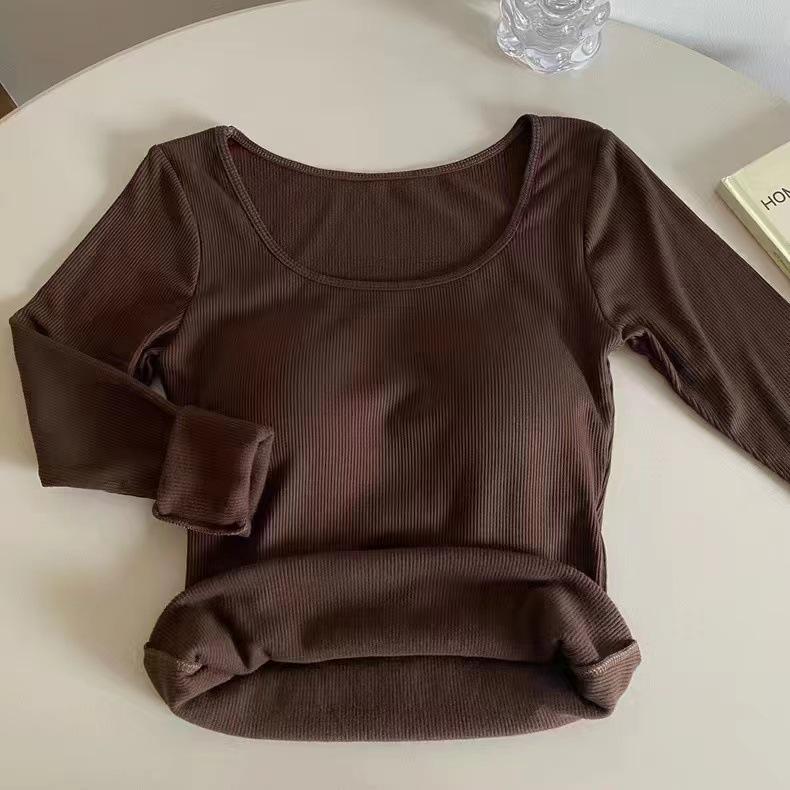 

Женская терморубашка с U-образным вырезом, длинными рукавами, встроенными латексными чашками и бархатной подкладкой One Size кофейный