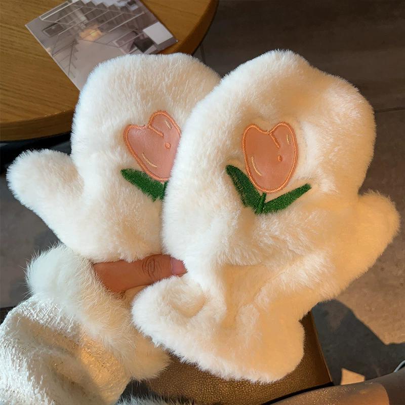 WTEMPO Solid Color Autumn Winter Warm Plush Mittens Women's Cute Tulip Patterned Embroidered Gloves Windproof Cold-proof Cycling Hanging Neck Gloves