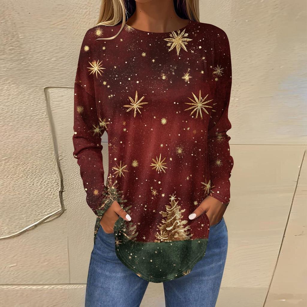 3D Gradient Color Christmas Tree Print Round Neck Long-sleeved T-shirt Casual Long-sleeved Top
