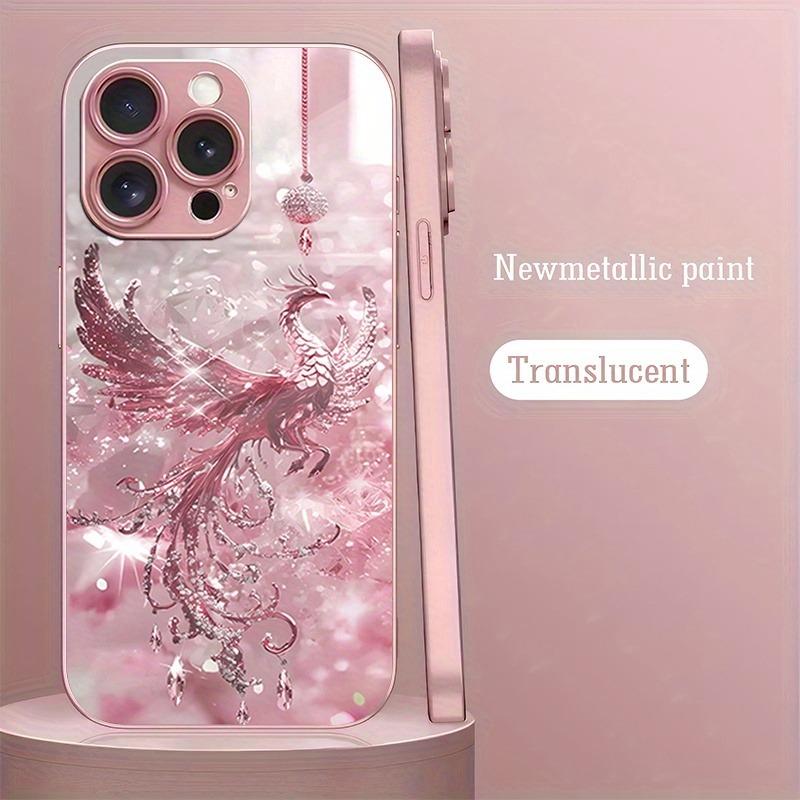 Pink Crystal Phoenix Pattern Metallic Paint Glass Hard Phone Case For iPhone 17 Air 17 16 15 14 13 12 11 Pro Max Plus 16E Cover