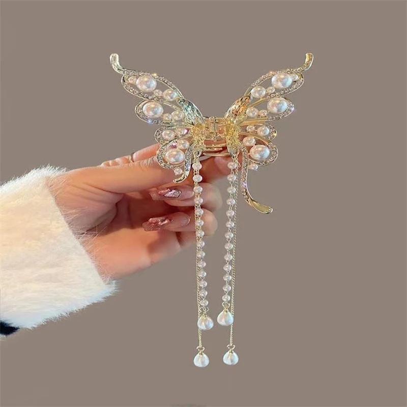 Exquisite Rhinestone Butterfly Fringe Hair Claw Korean New Ponytail Braid Pearl Hair Clip Girl Crab Metal Headdress Gift