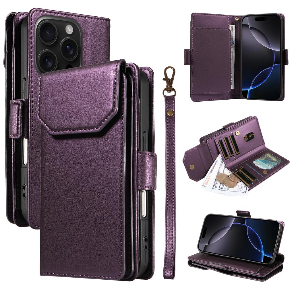 For iPhone 16 Pro Case with Multi-Card Holder and Strap PU Leather Phone Cover Stand