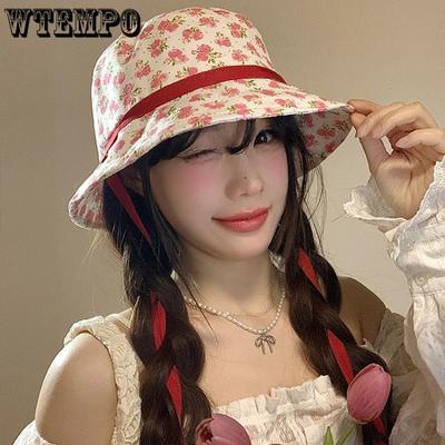 Female Floral Tie Fisherman Hat Spring and Summer Bucket Hat Large Brim Sun Shading and Sun Protection