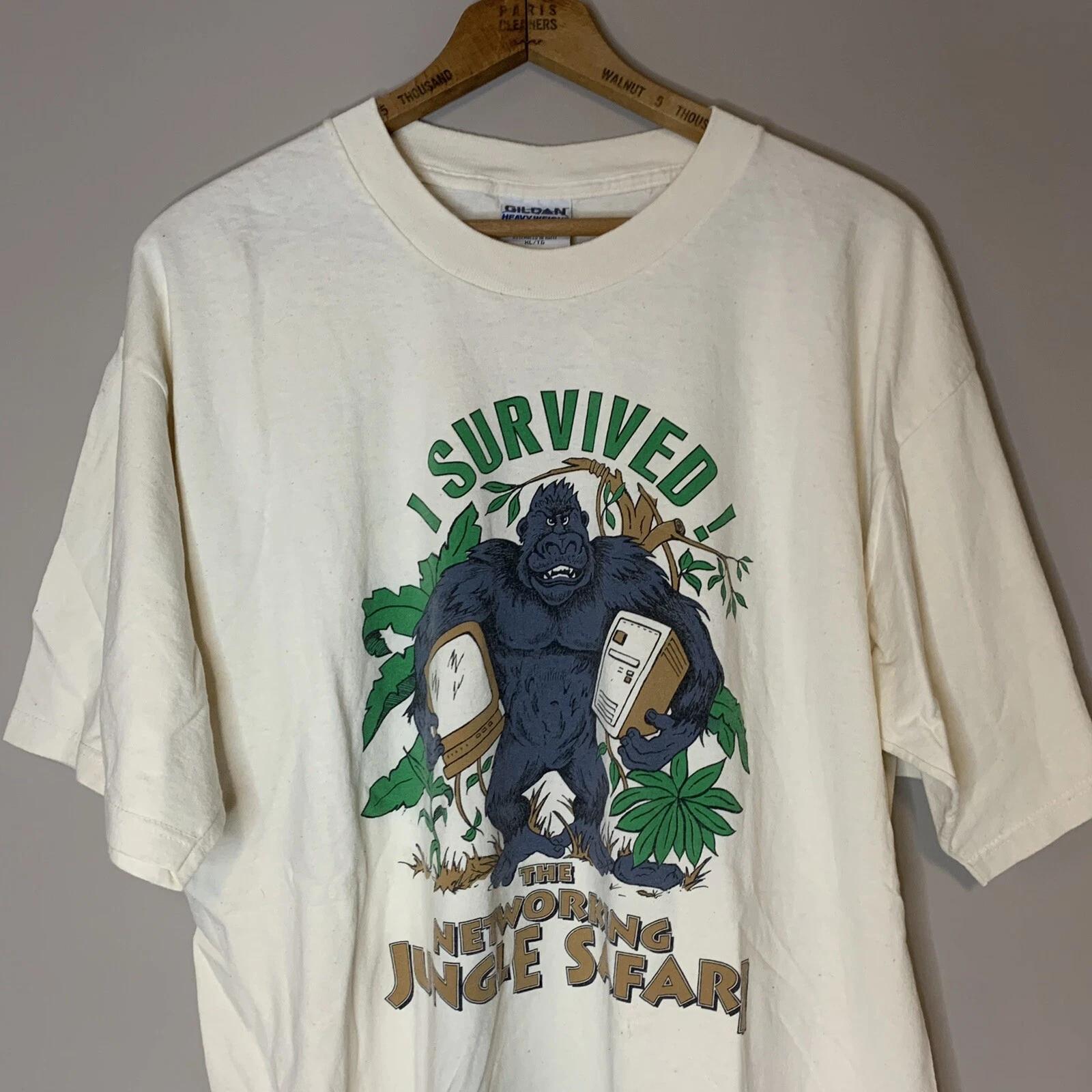 VTG I Survived the Networking Jungle Safari T-Shirt Vintage Technology 90s S