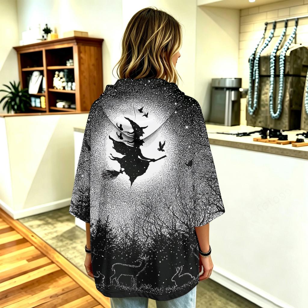 Women's Fashionable Three-Quarter-Sleeve Halloween-Printed Hooded Pullover