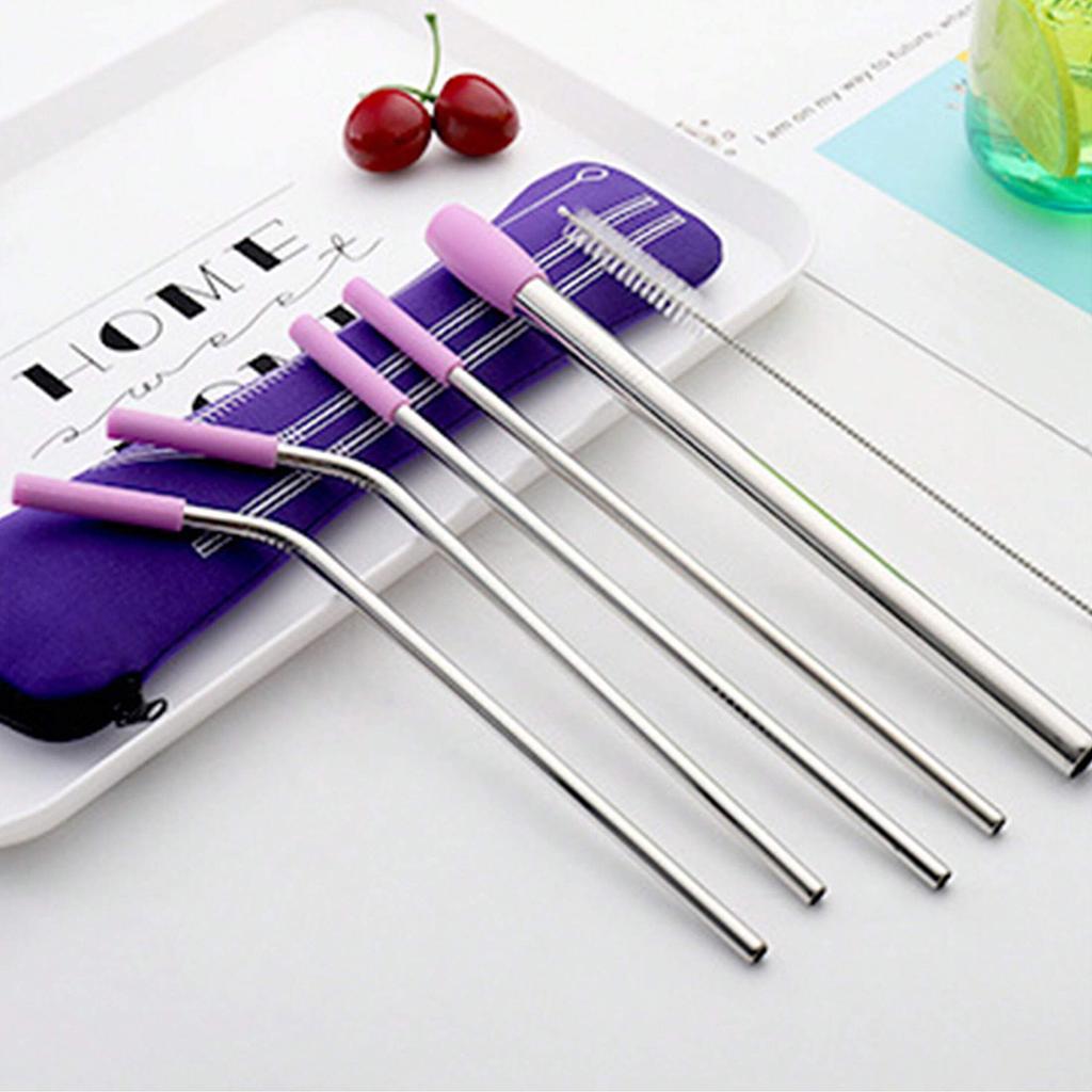 7pcs, Straw, Stainless Steel Reusable Straws With Silicone Straw Tip,Tea Straws, Travel, Beach, Party Supplies