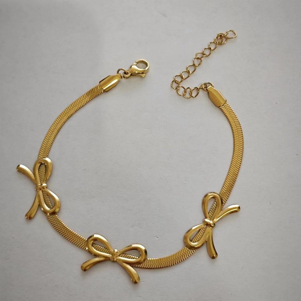 Stainless Steel Punk Flat Snake Chain Necklace Vintage Creative Bow Bracelet Women's Aesthetic Banquet Y2K Elegent Jewelry Set