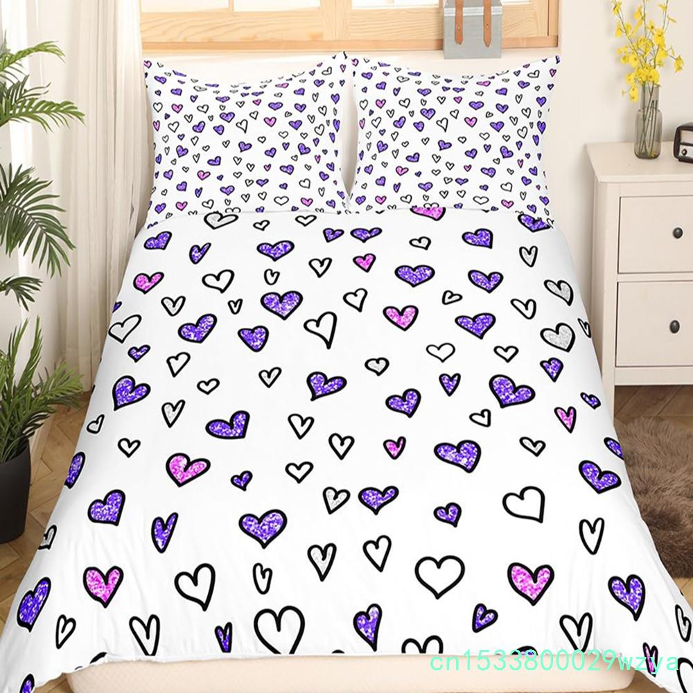 Valentinstag Bettwäsche Set Doodle Stil Kleines Herz Bettbezug Lila Rot Bettdeckenbezug Liebe Thema Polyester Steppdeckenbezug