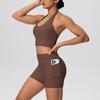 Solid Color Cross-Border Yoga Suit Set: Brushed Hanging Neck Vest with Pocket Pants and Fitness Shorts for Women