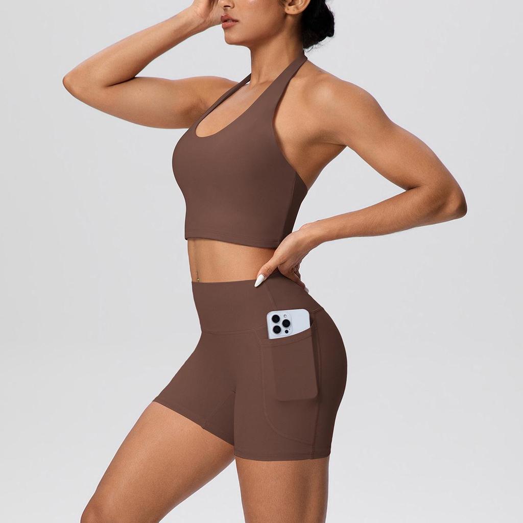 Solid Color Cross-Border Yoga Suit Set: Brushed Hanging Neck Vest with Pocket Pants and Fitness Shorts for Women