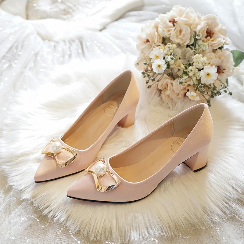 Bridal Shoes Women High Heels Champagne Pearl Rhinestone Wedding Shoes White