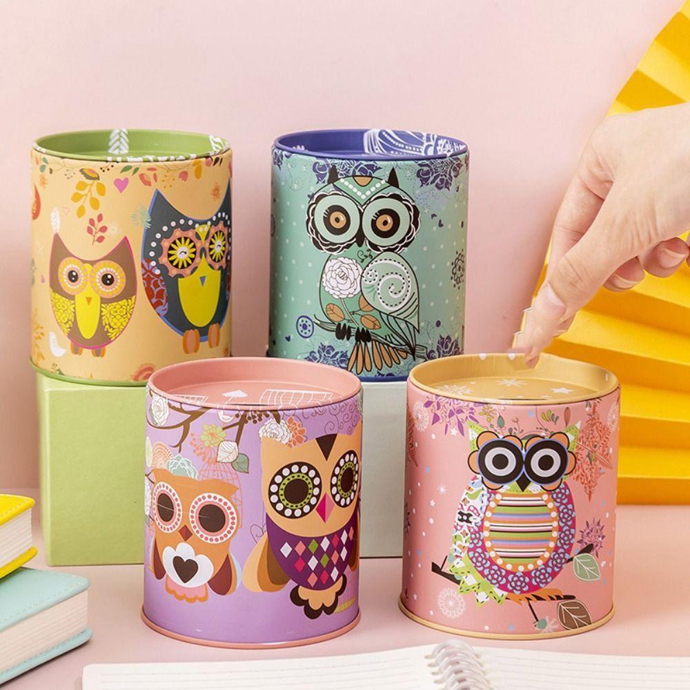 Iron Owl Piggy Bank Mini Metal Storage Box Easy Use Round Saving Banks  Birthday Gift