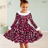 Girls Pink Black Printed Long Sleeve Dress White Fur Collar Bow Waist A Line Flared Dress