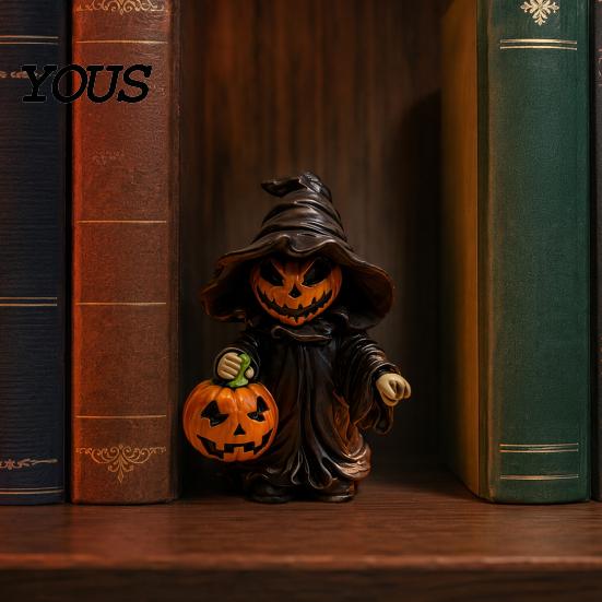 Jack-o'-lantern Decor Halloween Witch Statue with Pumpkin, Cute In Pointed Hat & Black Robe, Resin Gothic Pumpkin Ornament Tabletop for