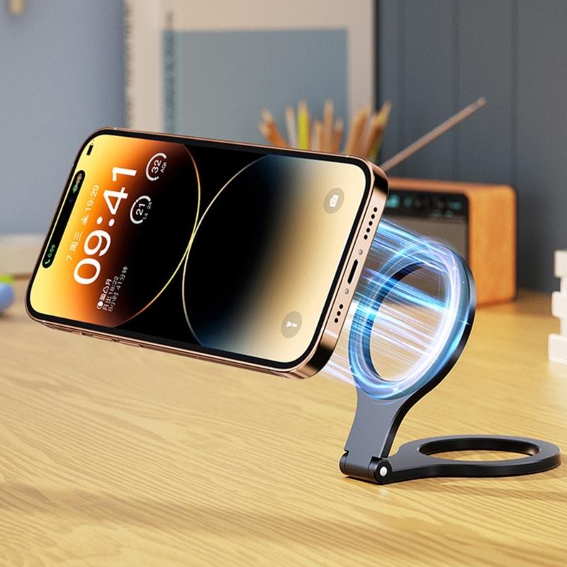 Portable Metal Phone Mount Adjustable Multiple Angle Magnetic Base Mobile Phone Rack for Content Creators Travel Office Use